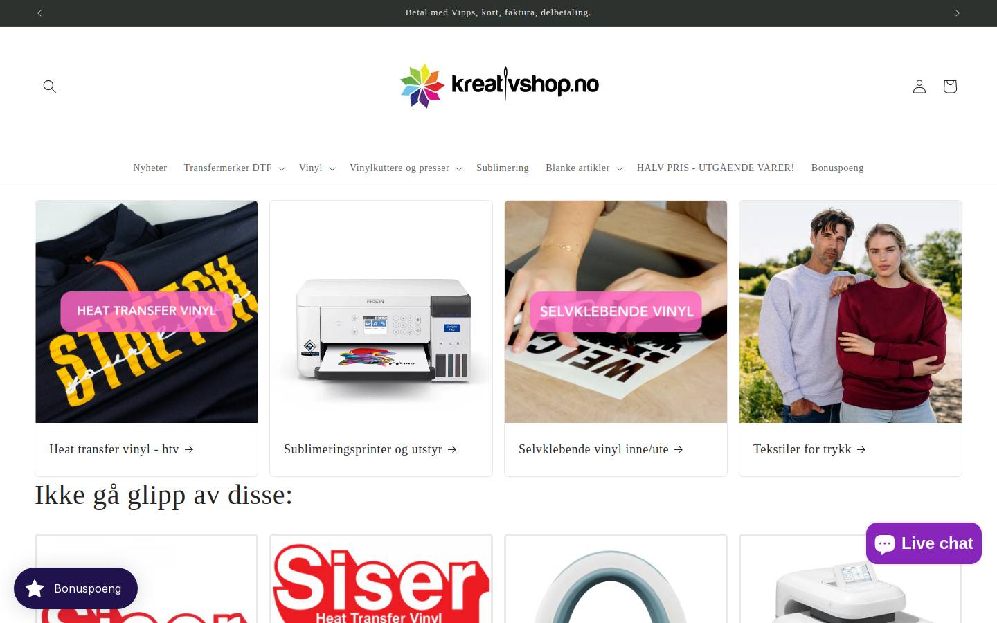 Kreativshop.no homepage screenshot