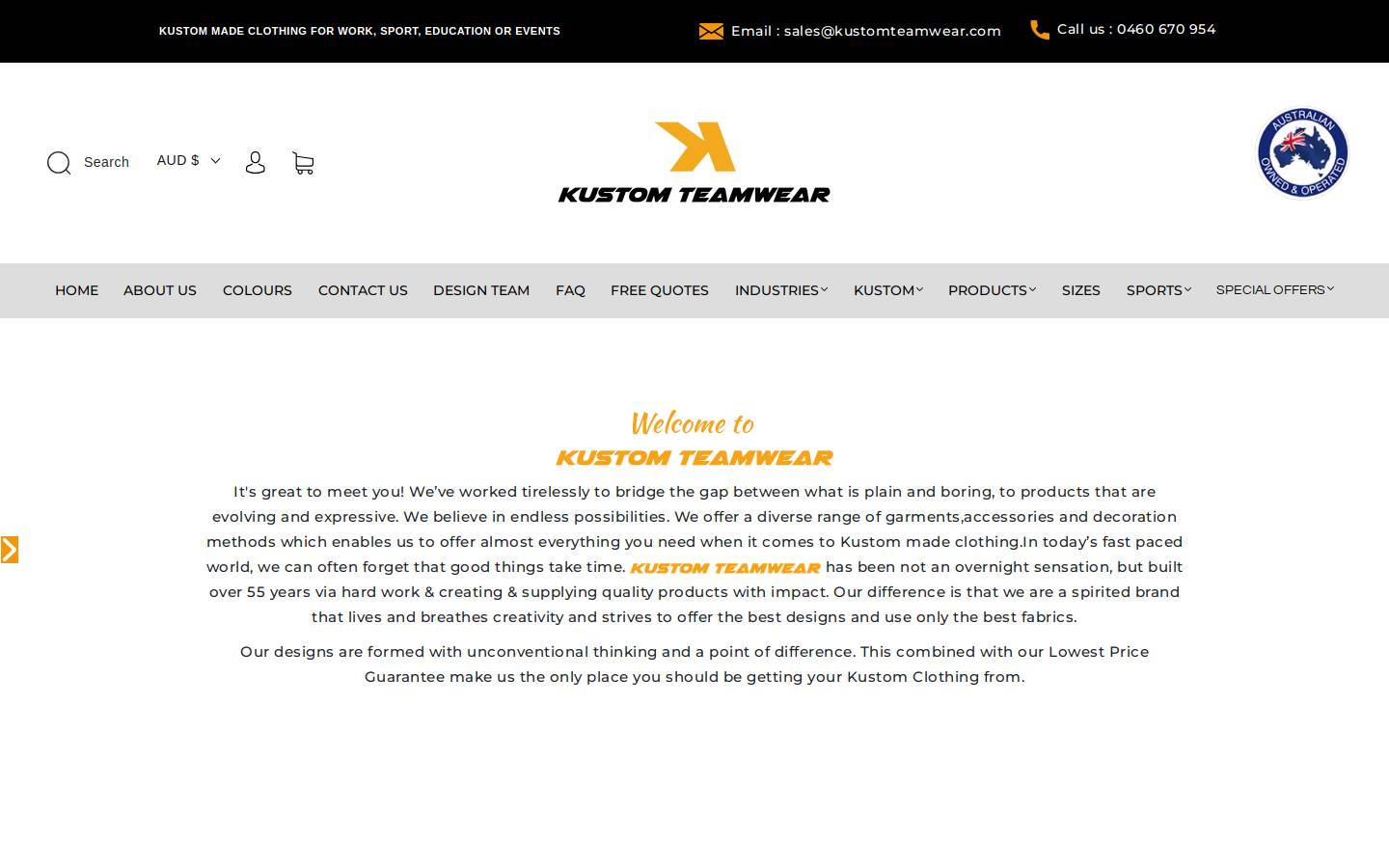 kustomteamwear.com homepage screenshot