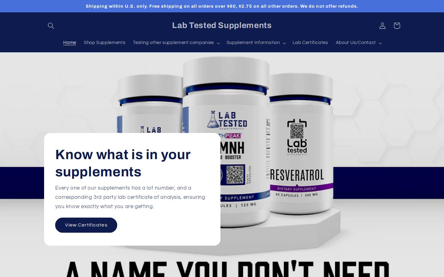 labtestedsupplements.com homepage screenshot