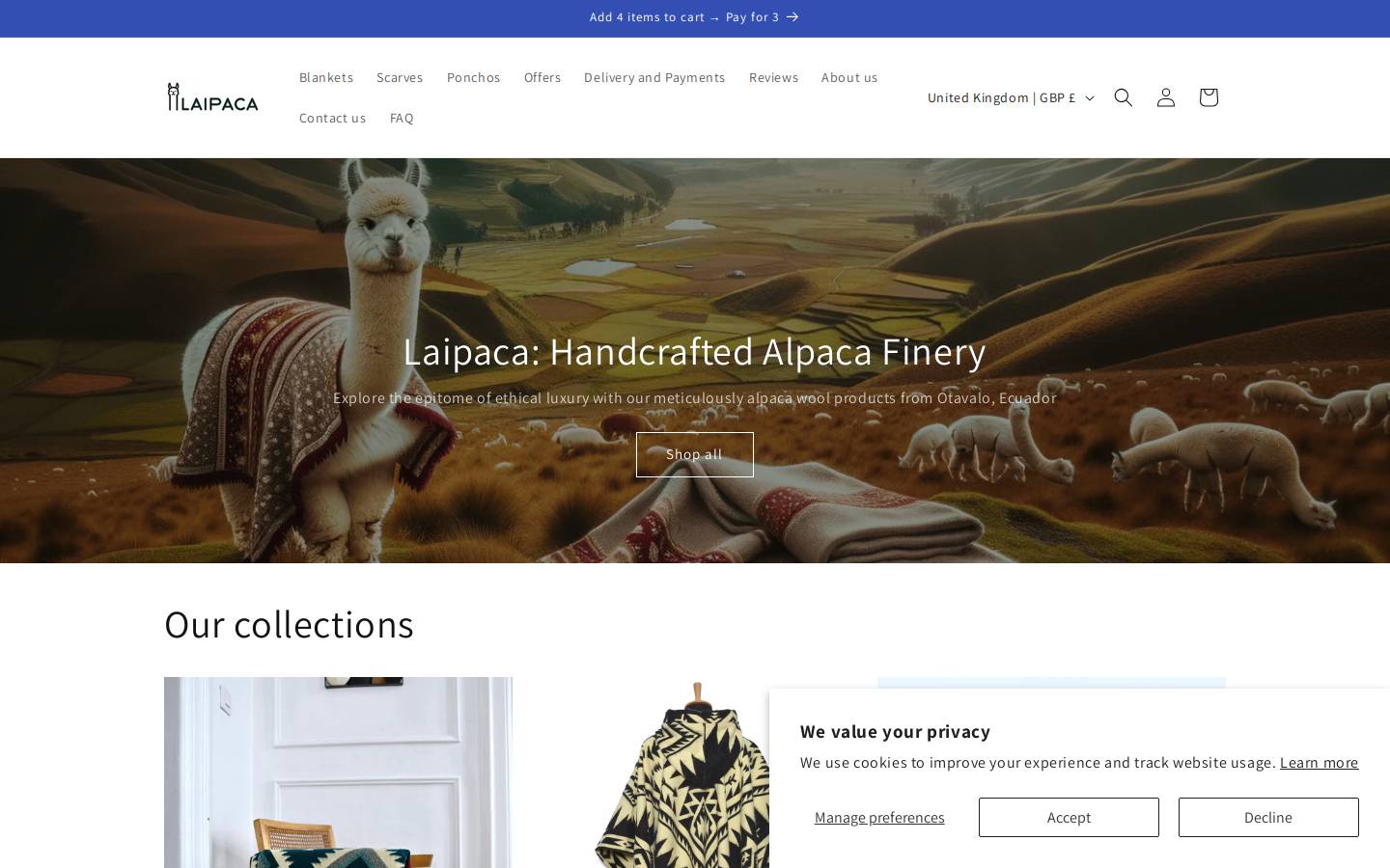 Laipaca: Handcrafted Alpaca Finery homepage screenshot