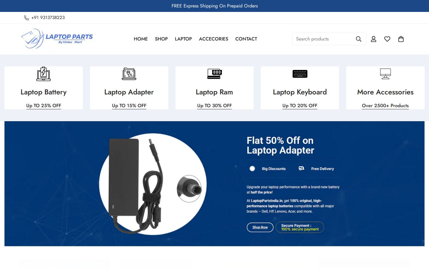 laptoppartsindia.in homepage screenshot