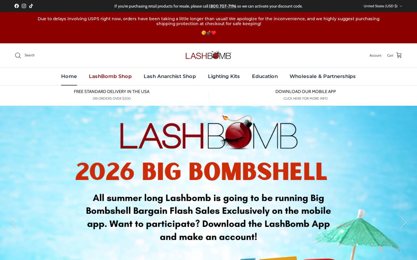 lashbomb.com homepage screenshot