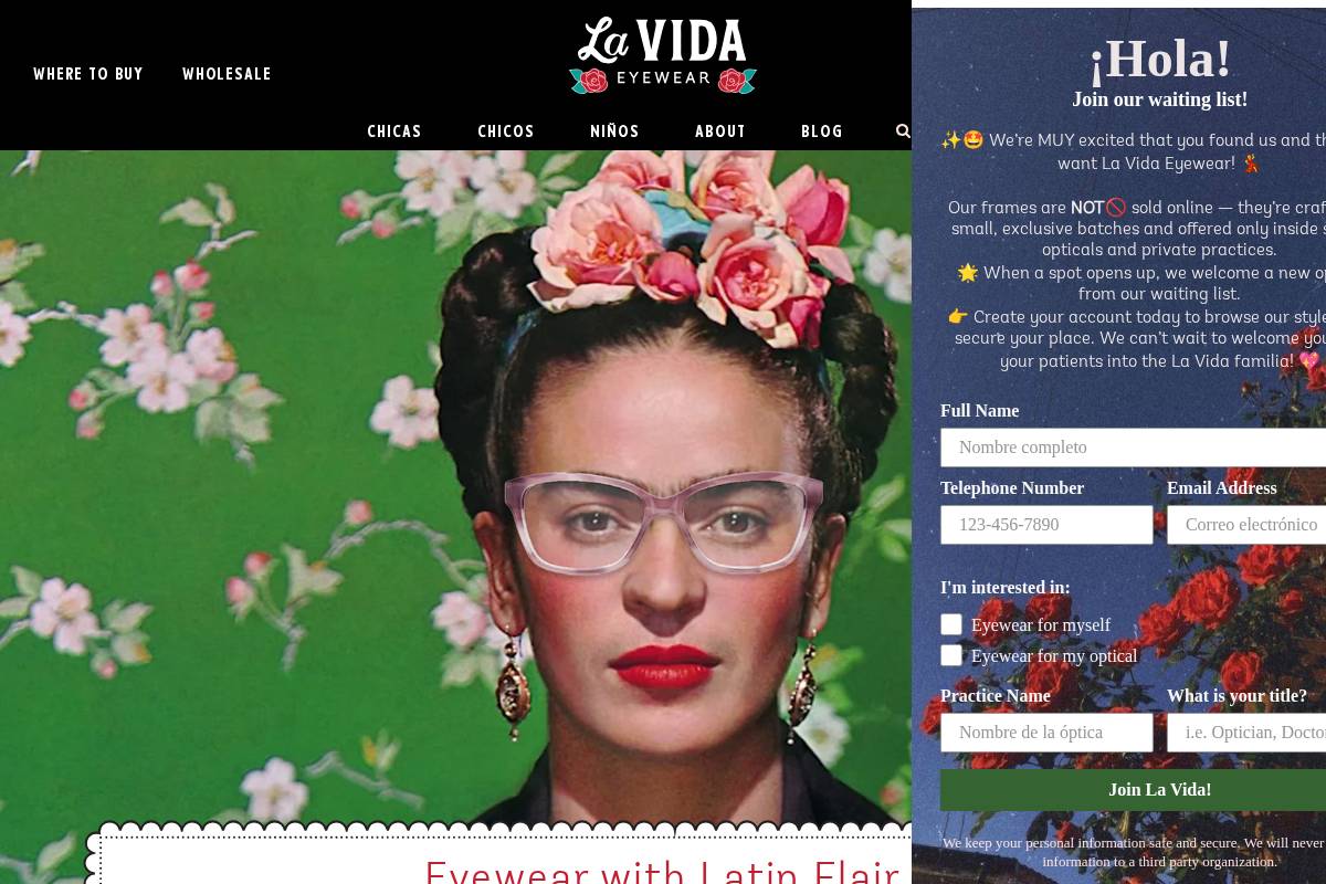 lavidaeyewear.com homepage screenshot
