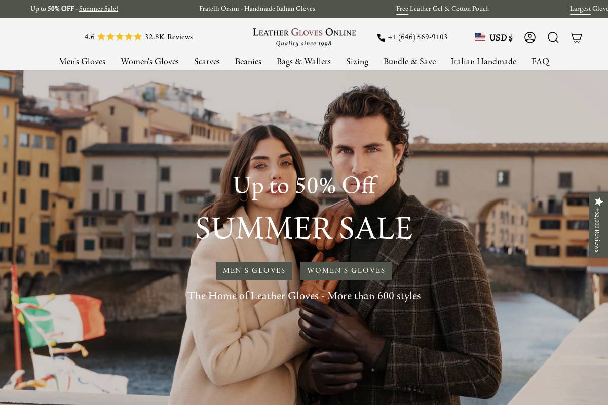 Leather Gloves Online homepage screenshot