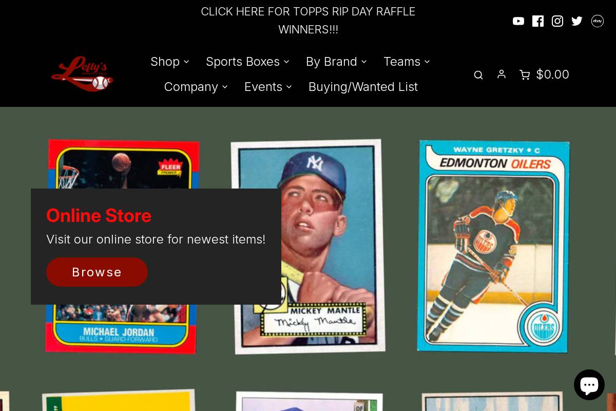 leftyssportscards.com homepage screenshot