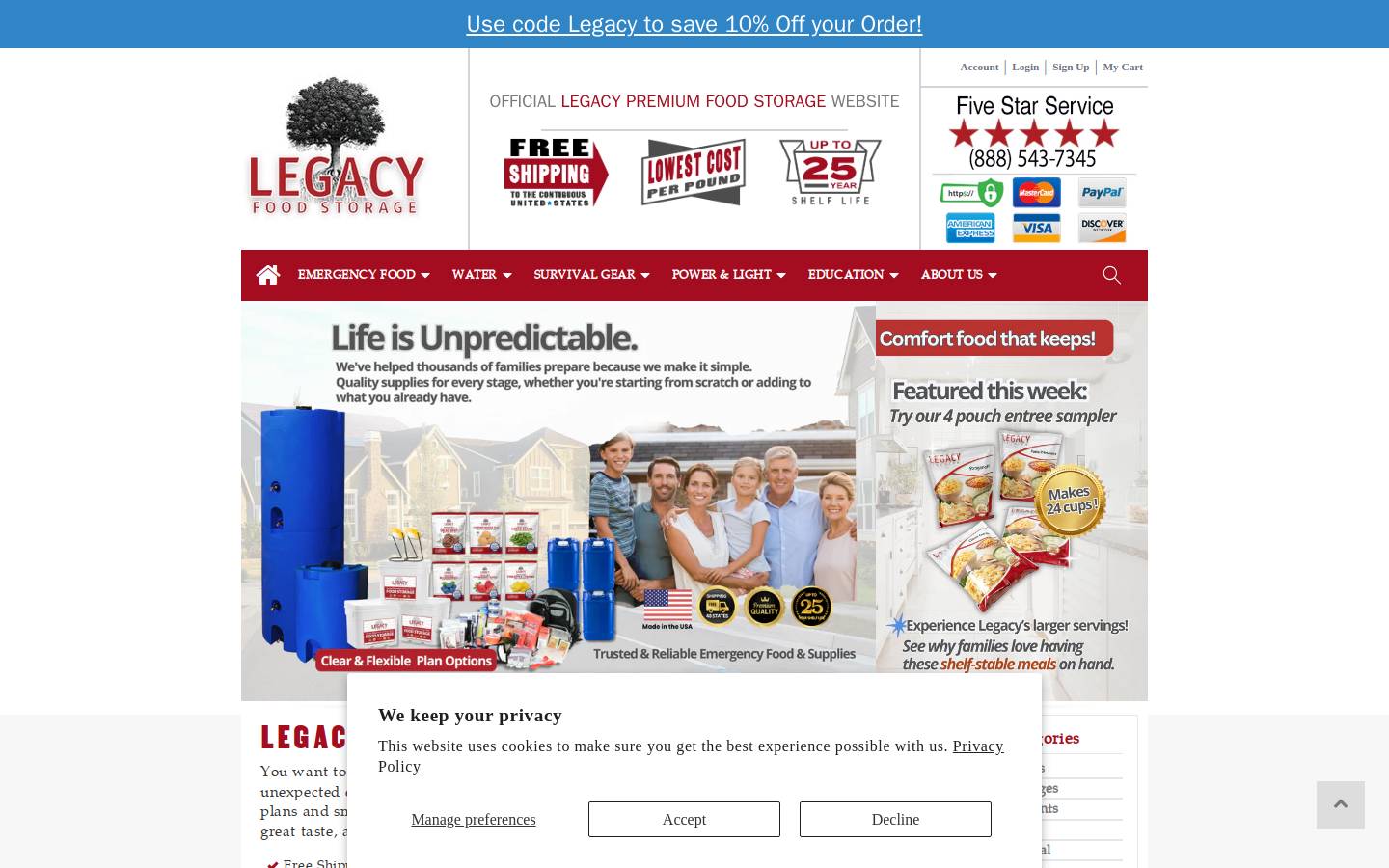 Legacy Food Storage homepage screenshot