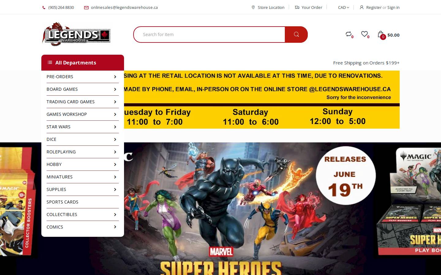 legendswarehouse.ca homepage screenshot