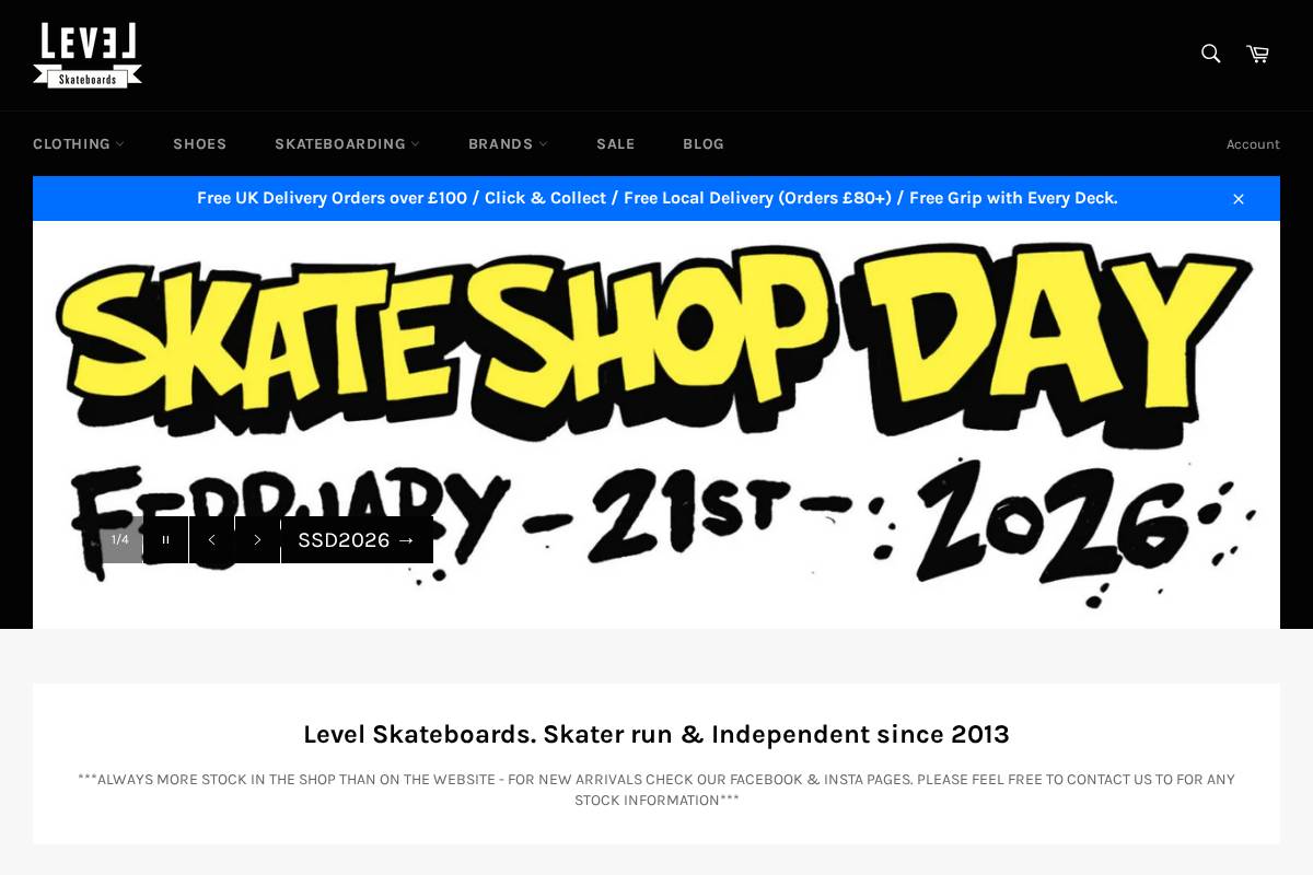 levelskateboards.co.uk homepage screenshot