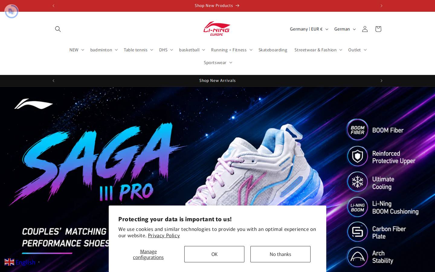 Li Ning Europe homepage screenshot