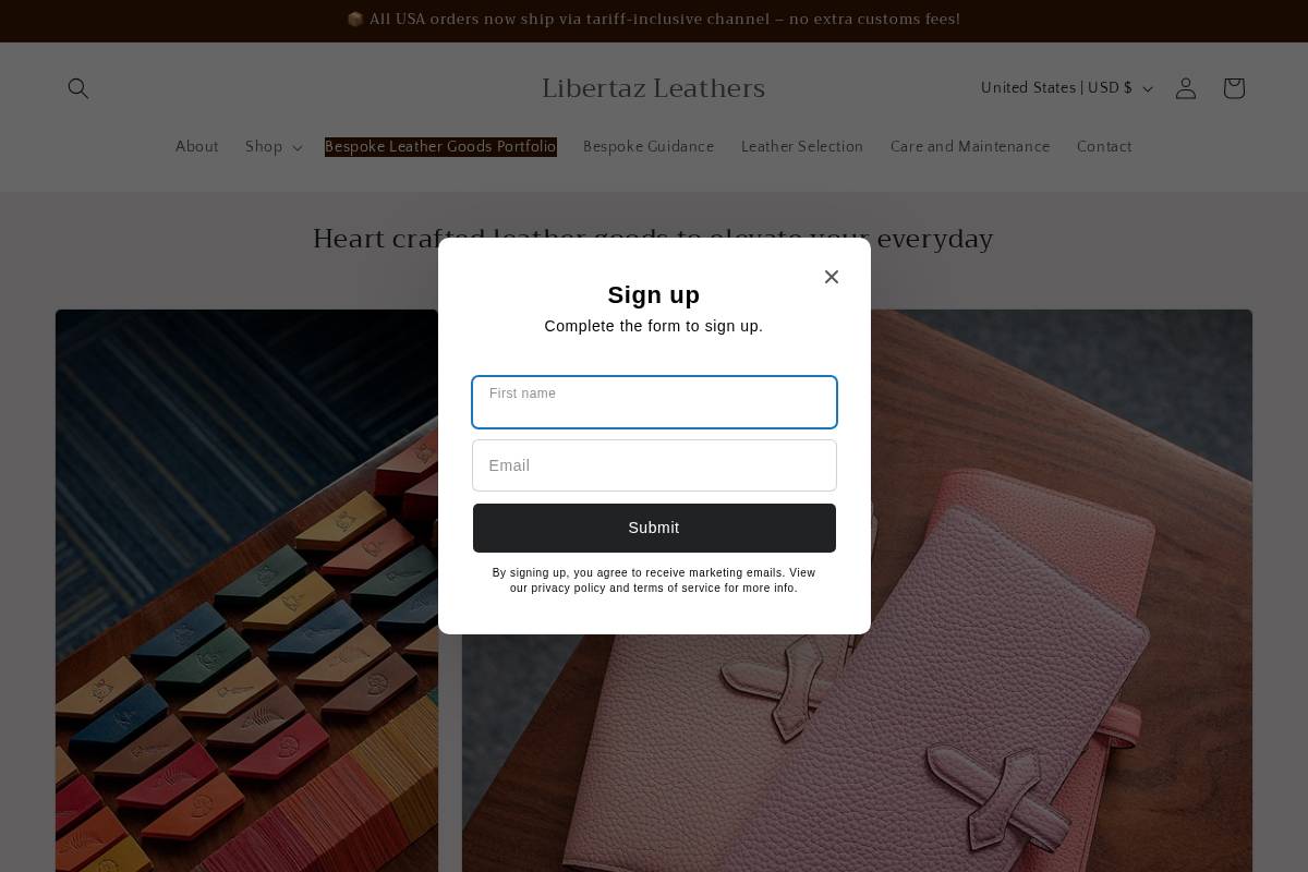 libertazleathers.com homepage screenshot