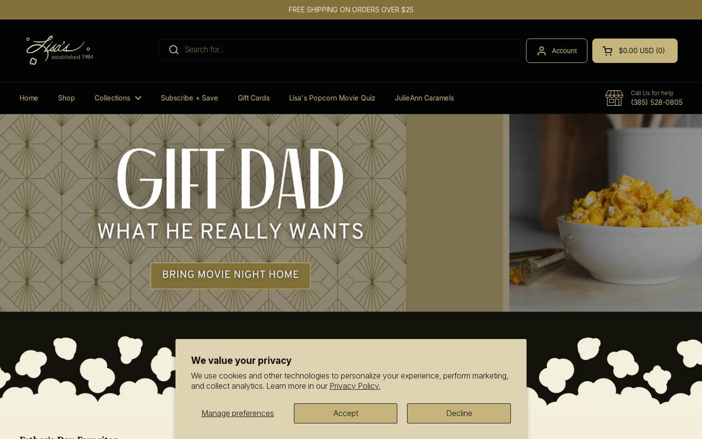 lisaspopcorn.com homepage screenshot