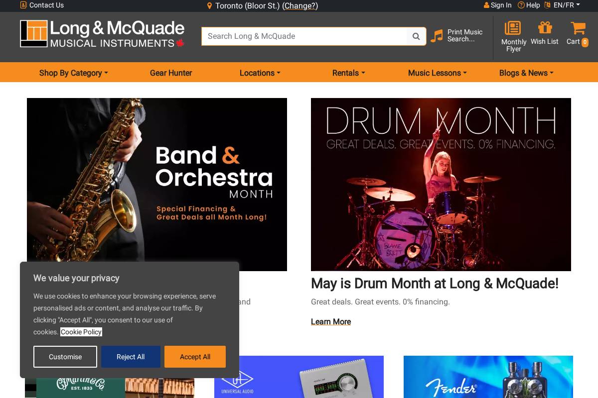 Long & McQuade Musical Instruments homepage screenshot