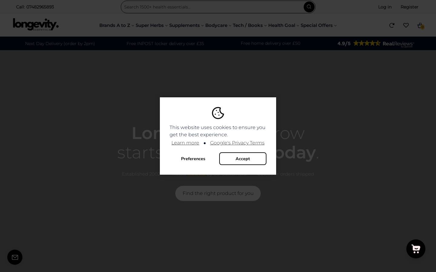 Longevity Essentials homepage screenshot