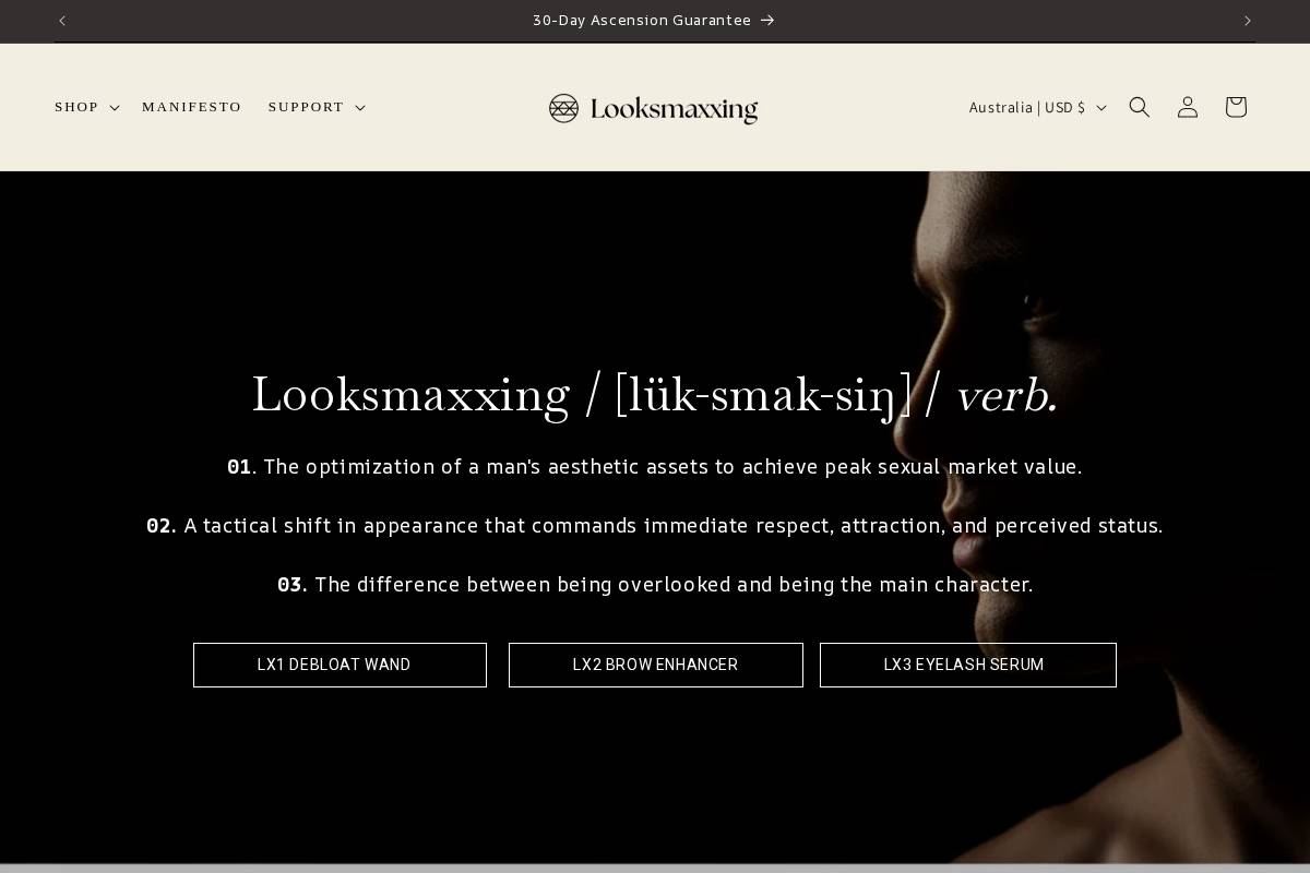 looks-maxxing.store homepage screenshot