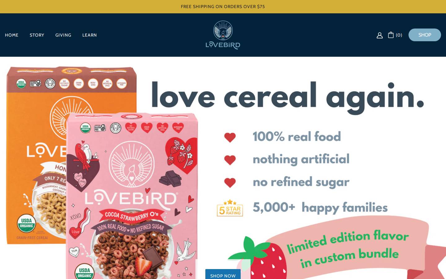 lovebirdcereal.com homepage screenshot