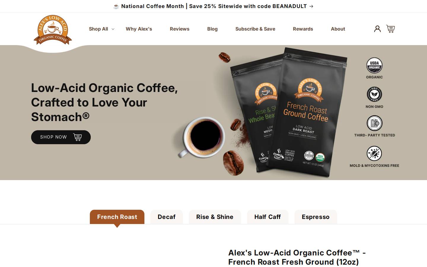 lowacidcoffee.com homepage screenshot