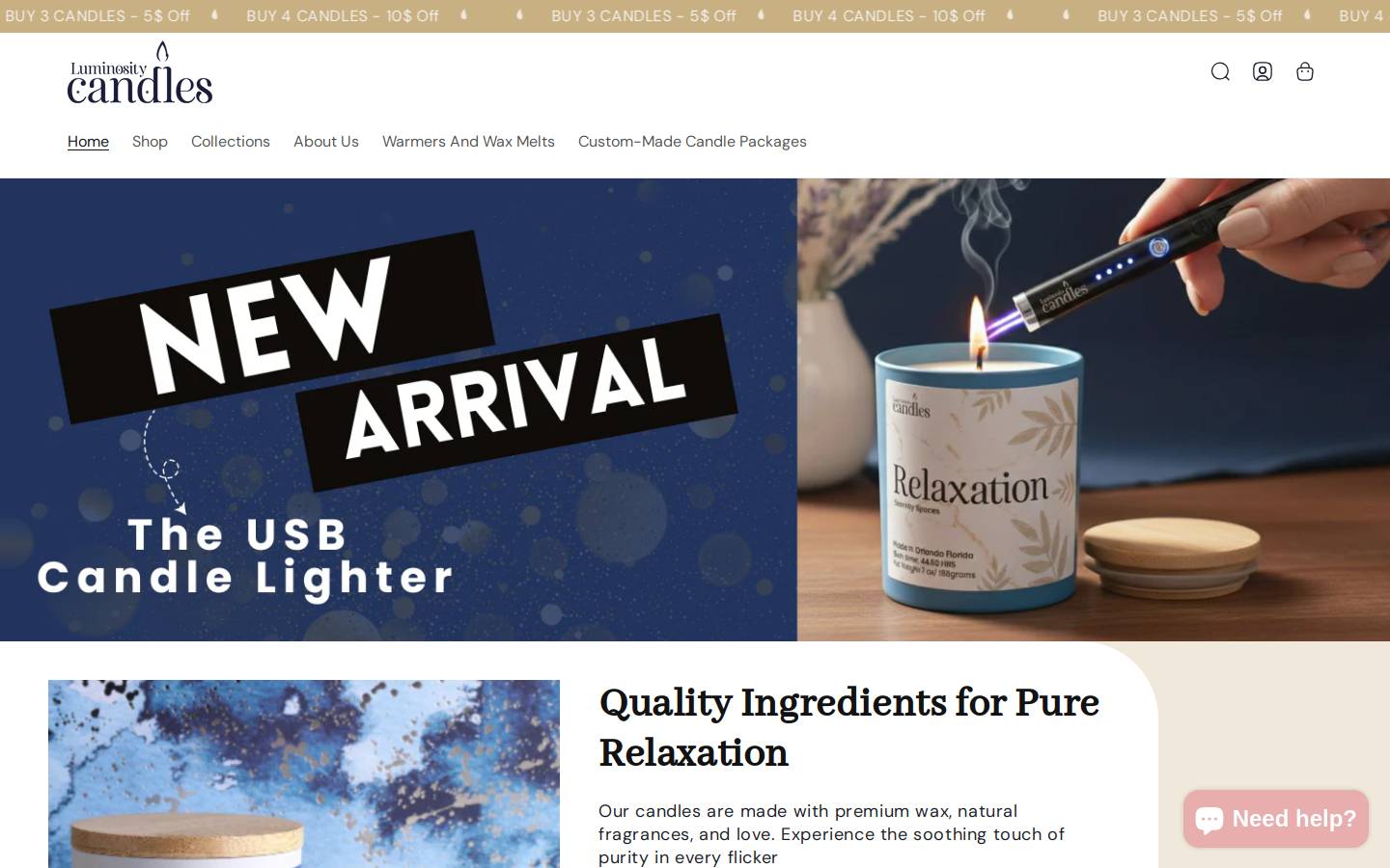 luminositycandles.com homepage screenshot
