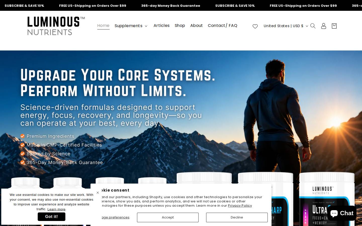 luminoussupplements.com homepage screenshot