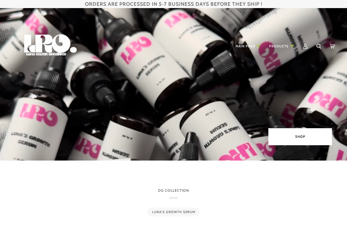 Luna Raven Organics homepage screenshot