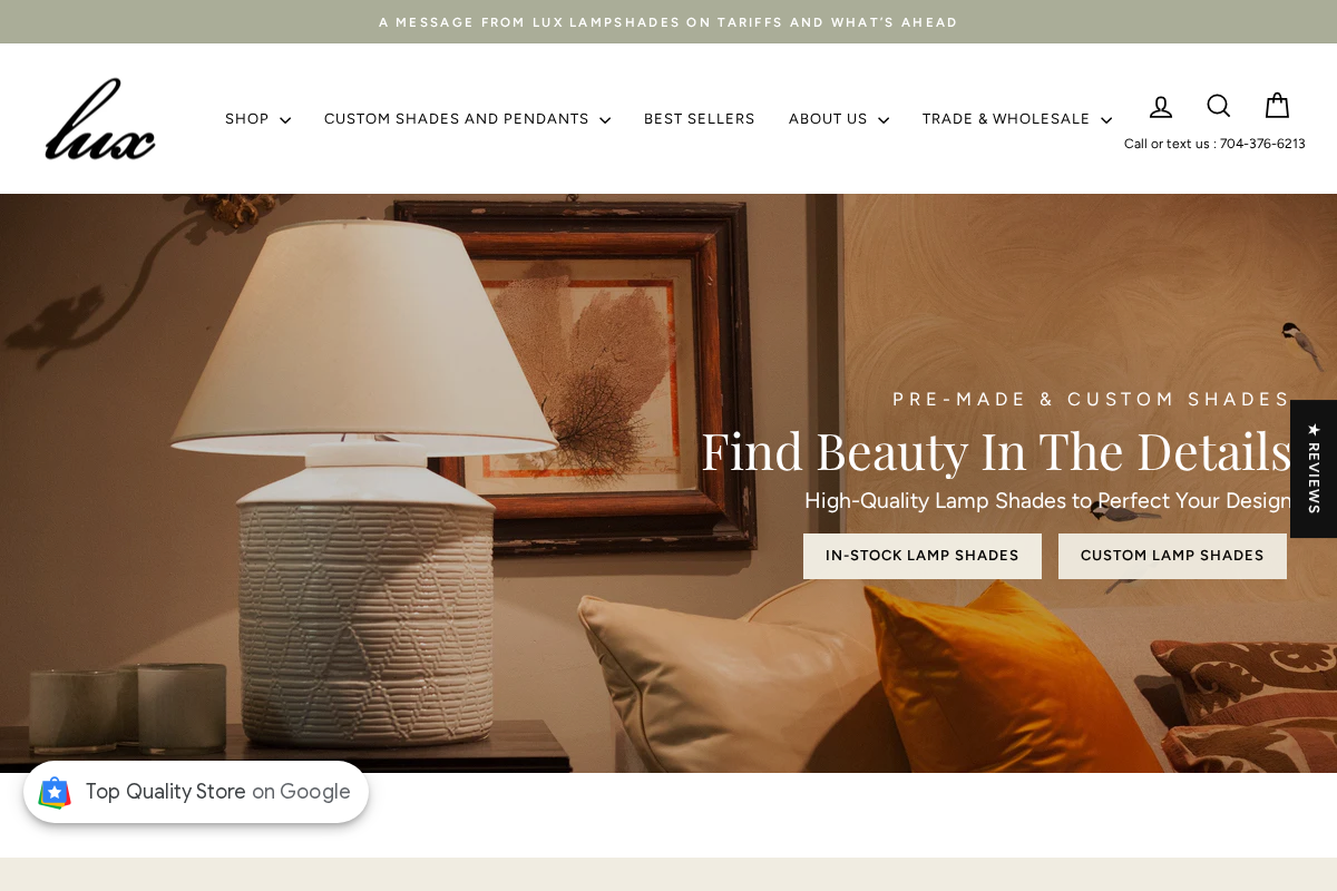 Lux Lamp Shades homepage screenshot