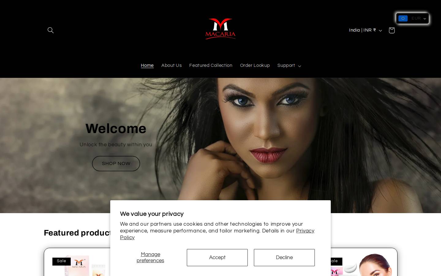 macariacosmetics.com homepage screenshot