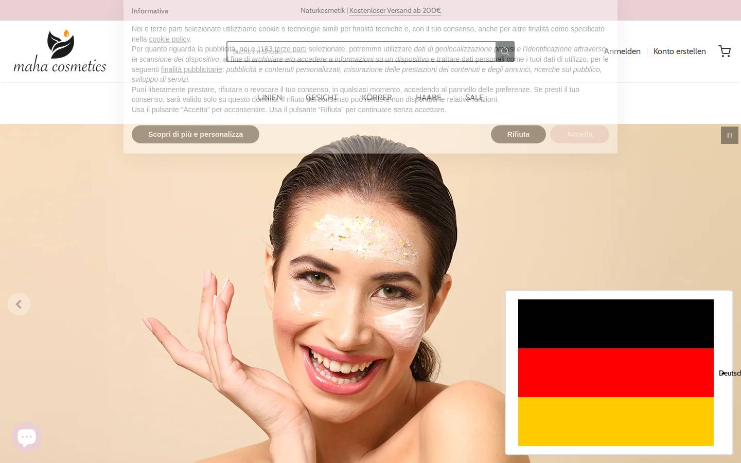 mahacosmetics.de homepage screenshot