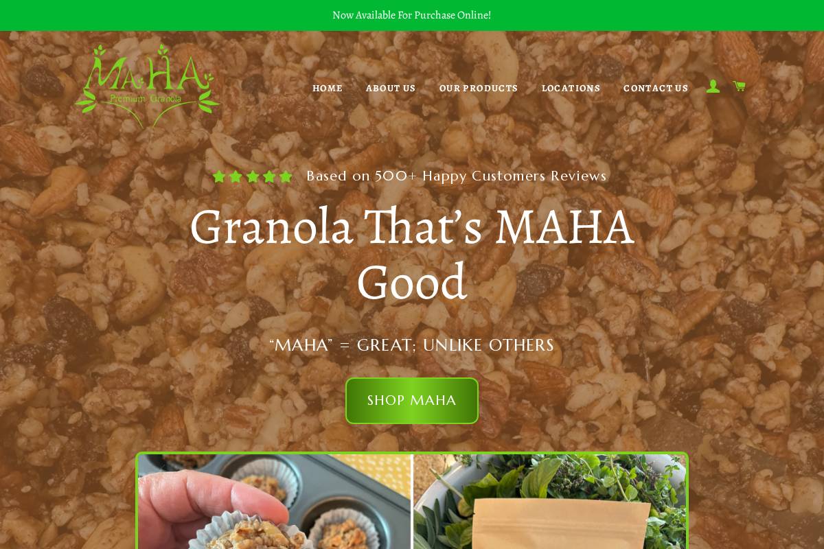 mahagranola.com homepage screenshot