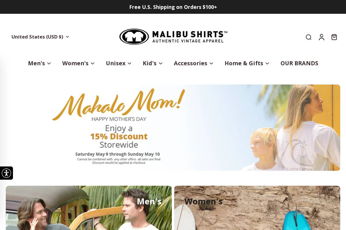 malibushirts.com homepage screenshot
