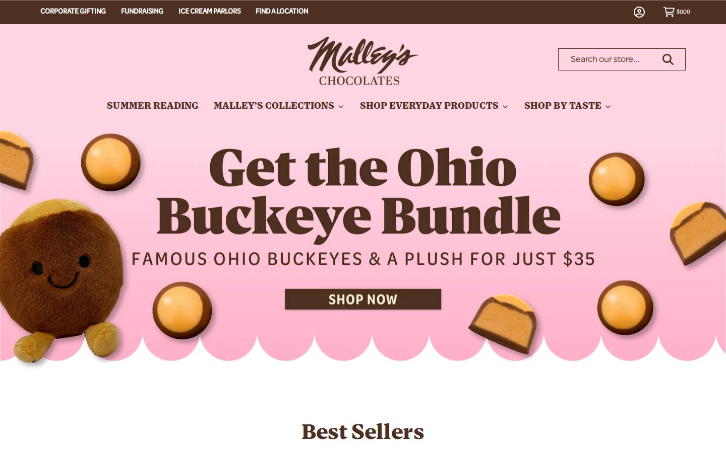 Malley's Chocolates homepage screenshot