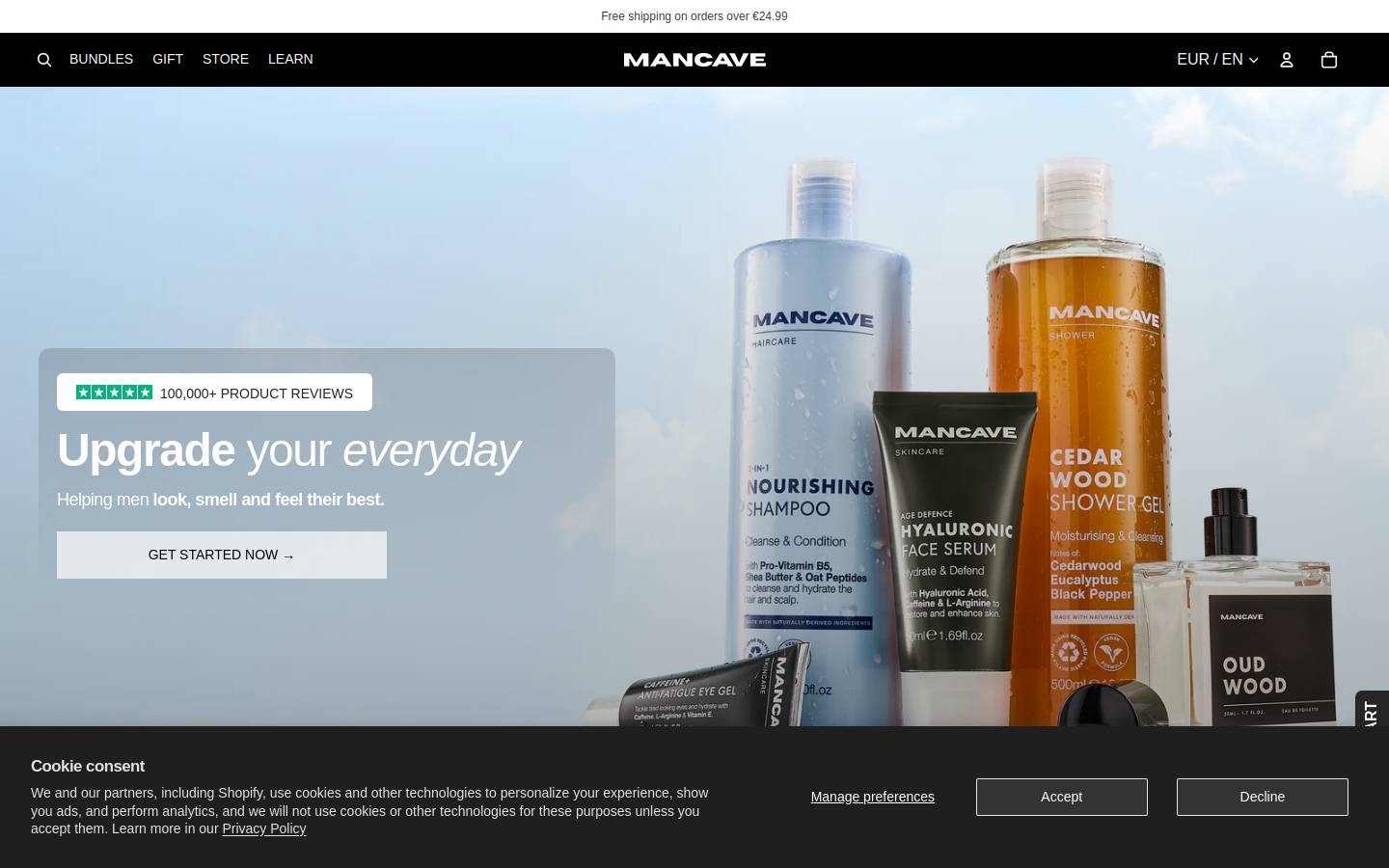 ManCave Natural Grooming Gear homepage screenshot