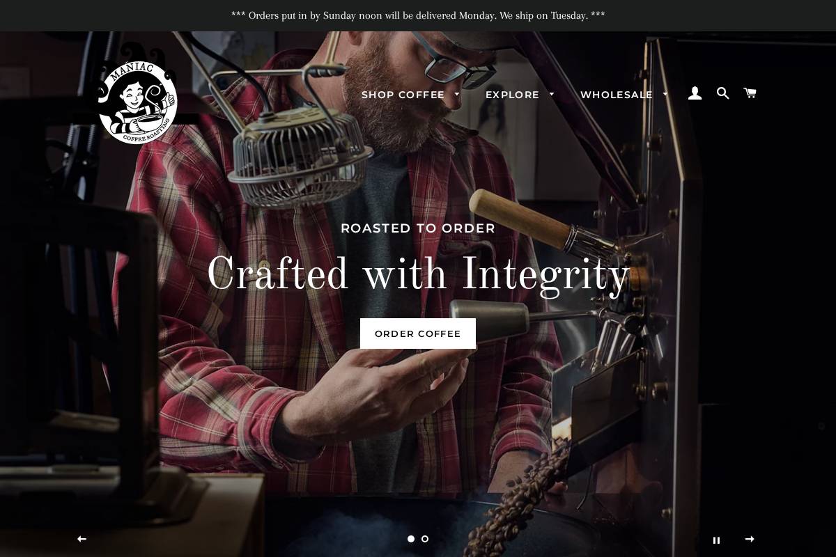 maniaccoffeeroasting.com homepage screenshot
