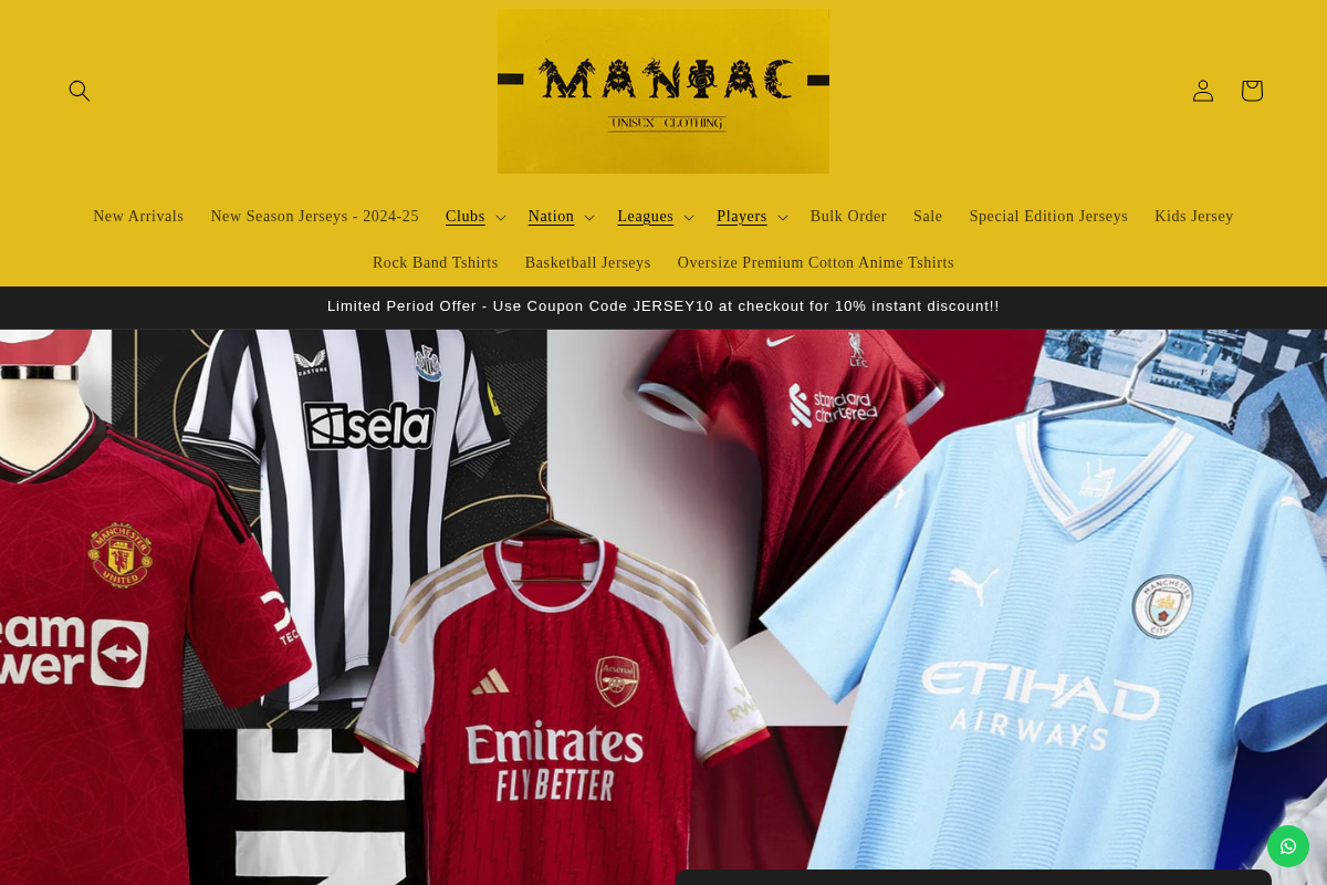 Maniac Unisex Clothing homepage screenshot