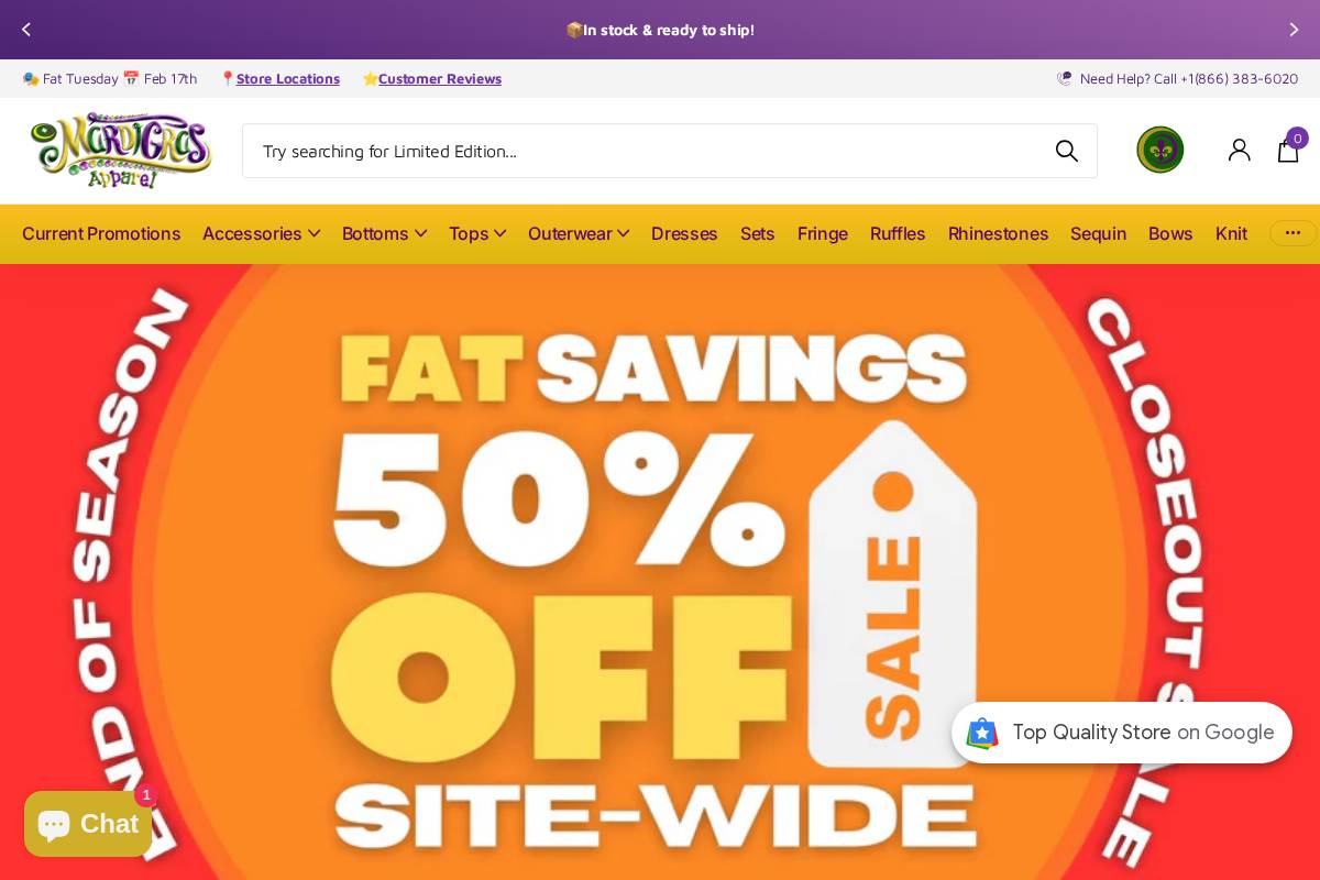 mardigrasapparel.us homepage screenshot