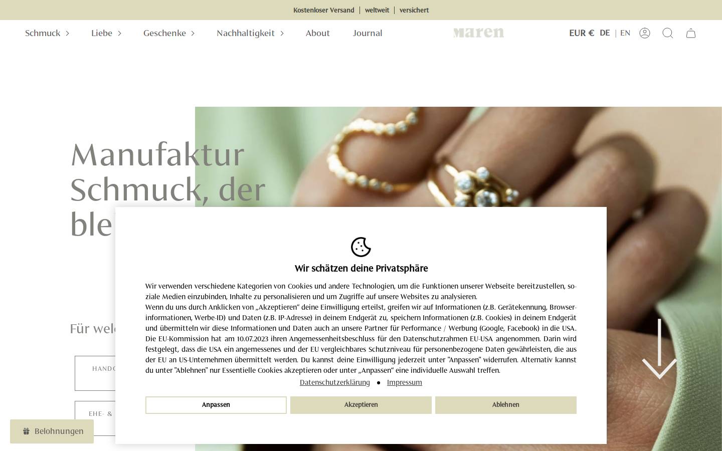 Maren Jewellery homepage screenshot