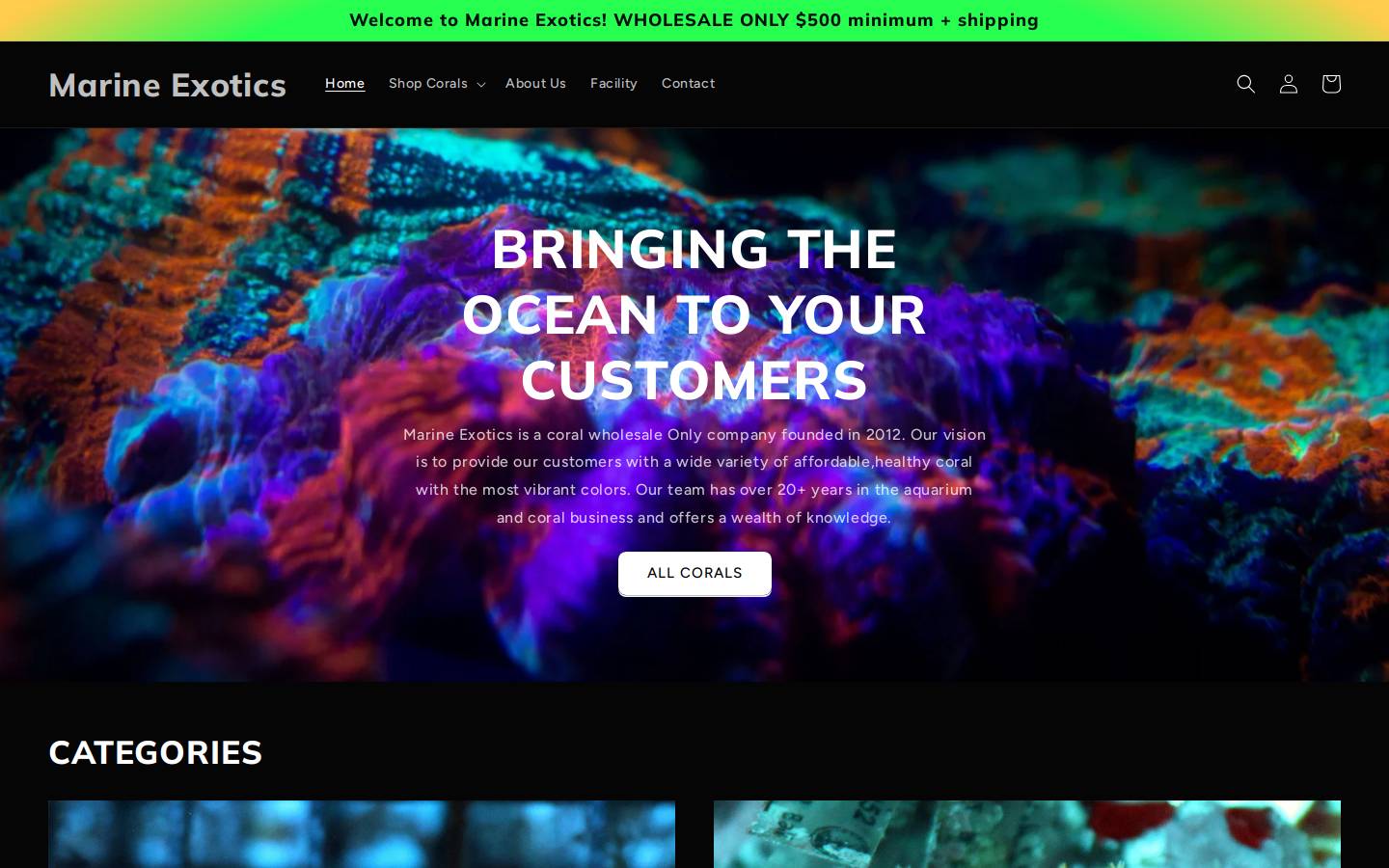 marineexotics.com homepage screenshot