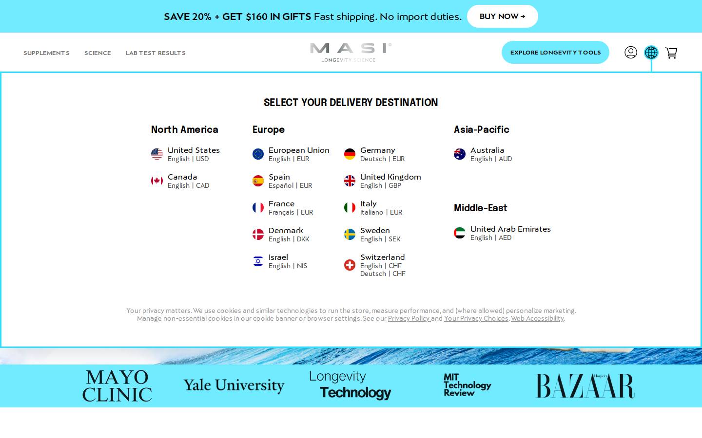 MASI Longevity Science homepage screenshot