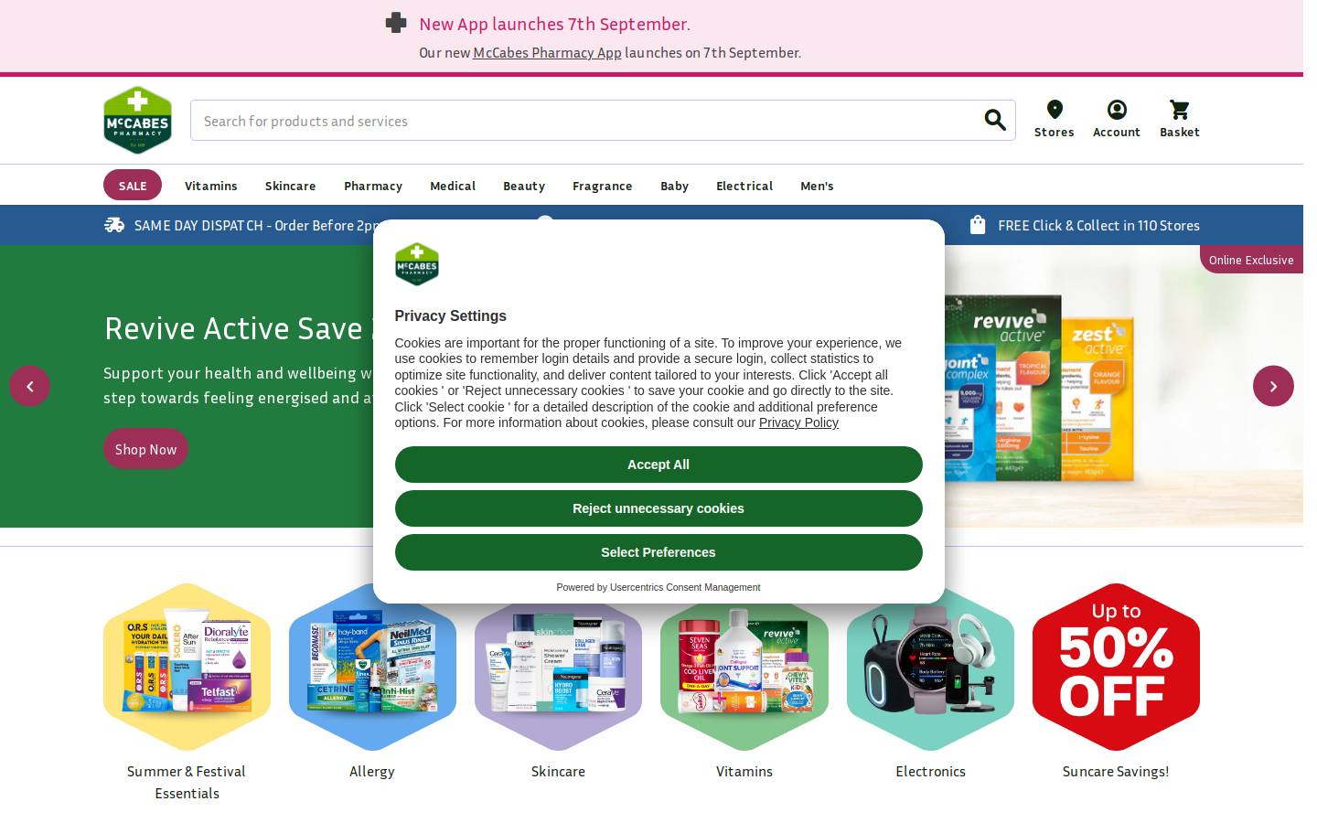 McCabes Pharmacy homepage screenshot