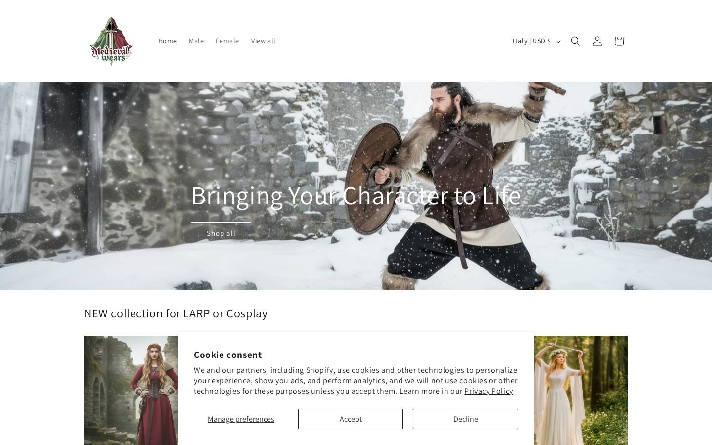 medievalwears.com homepage screenshot