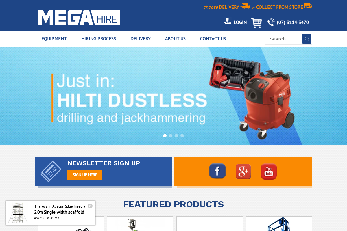 Mega Hire homepage screenshot