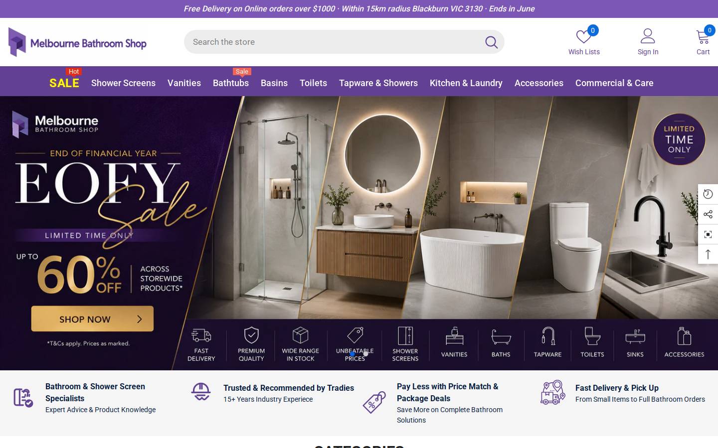 Melbourne Bathroom Shop homepage screenshot