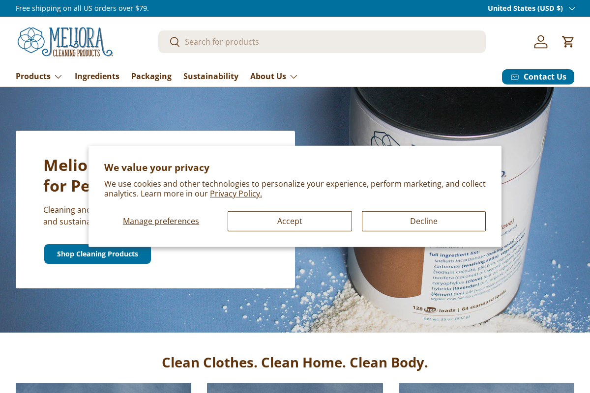 Meliora Cleaning Products homepage screenshot