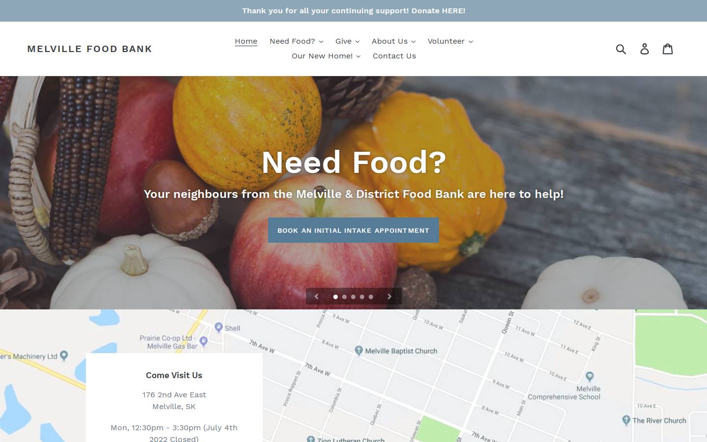 melvillefoodbank.com homepage screenshot