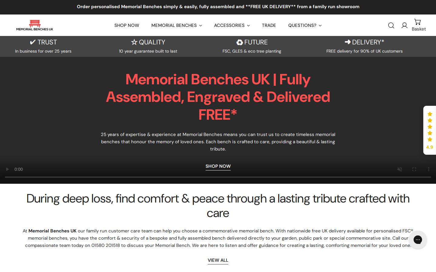 Memorial Benches UK homepage screenshot