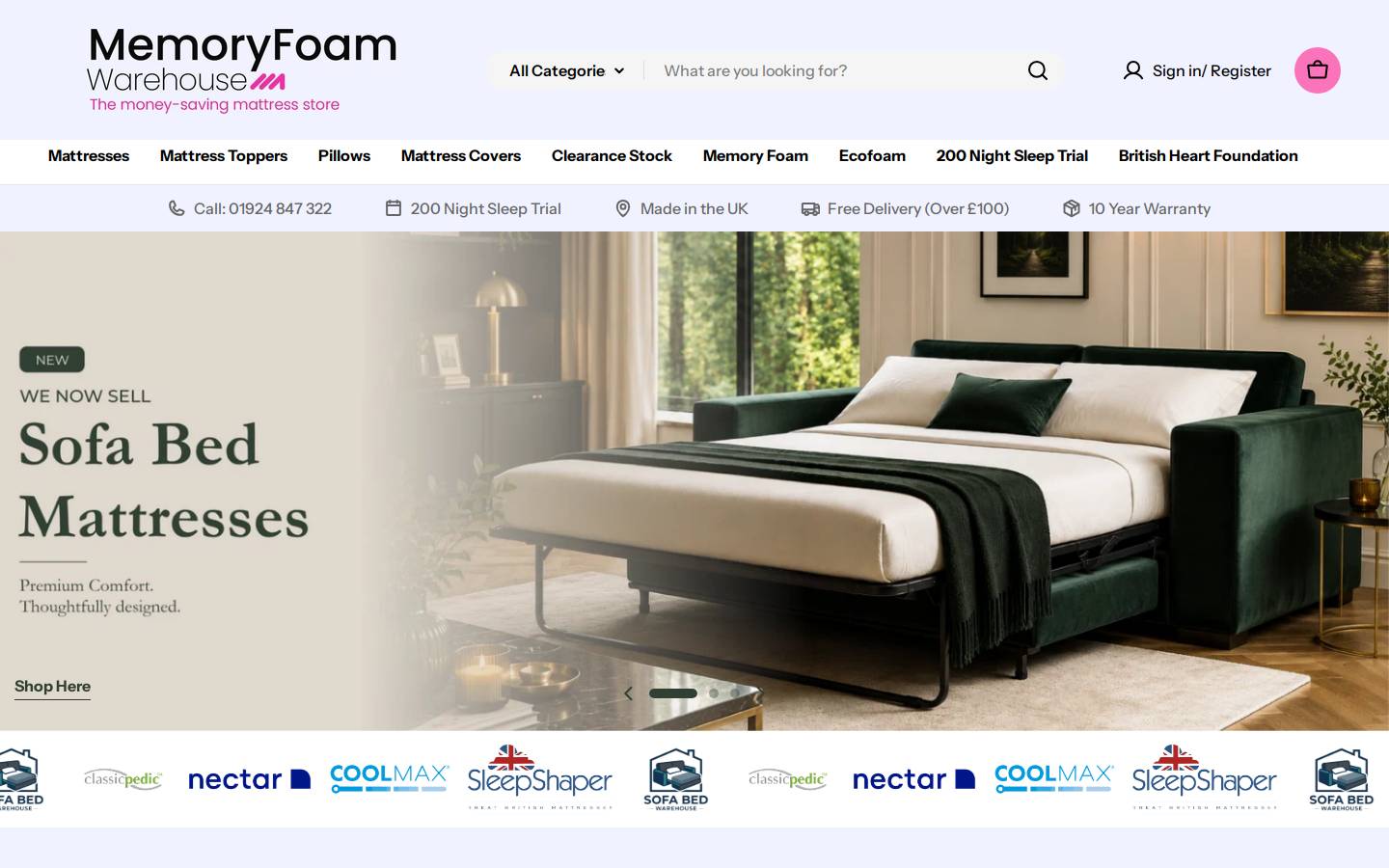 Memory Foam Warehouse homepage screenshot