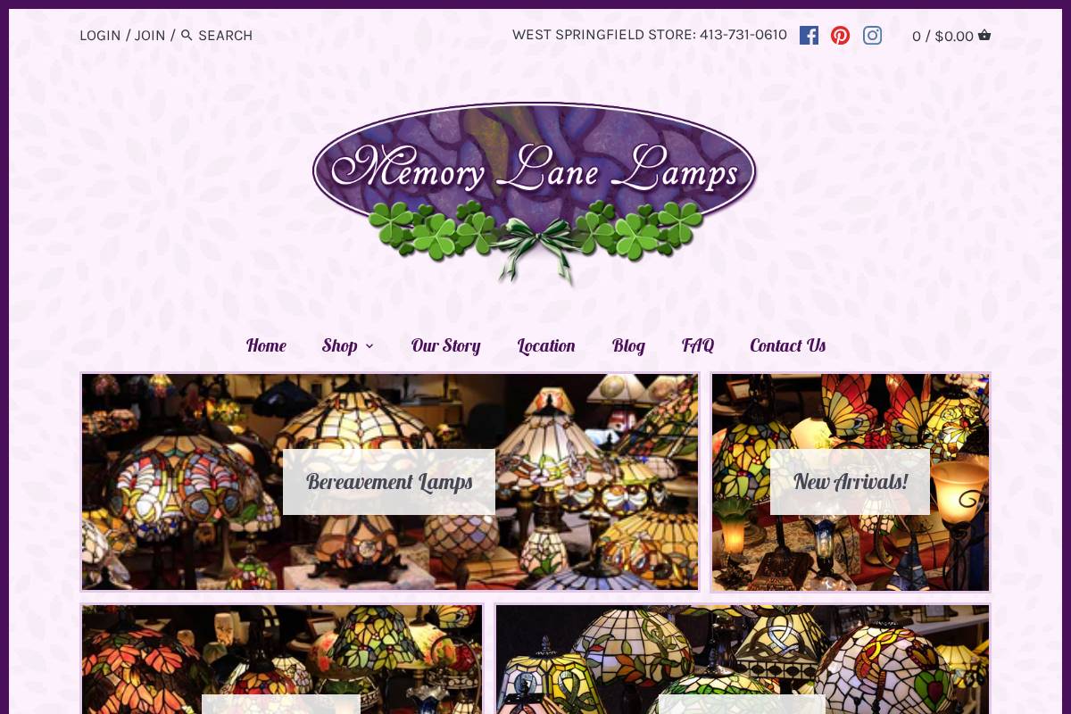 memorylanelamps.com homepage screenshot