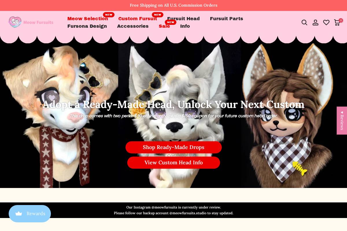 Meow Fursuits homepage screenshot
