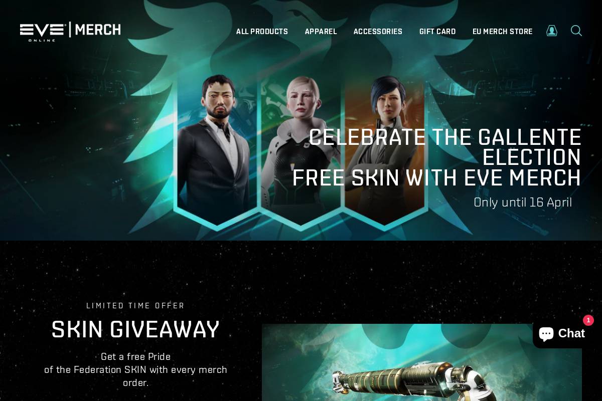 merch.eve.com homepage screenshot