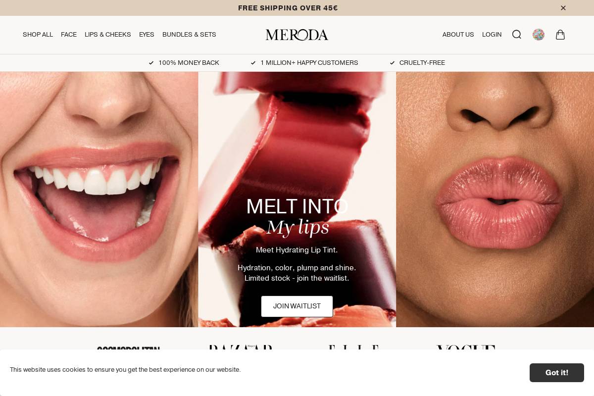 Meroda Cosmetics homepage screenshot