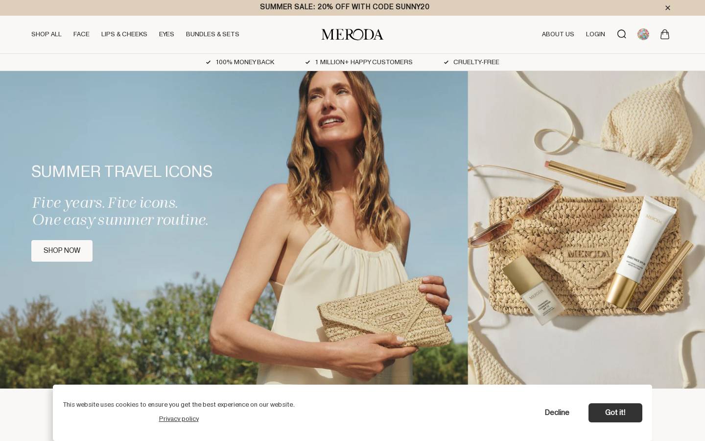 Meroda Cosmetics homepage screenshot