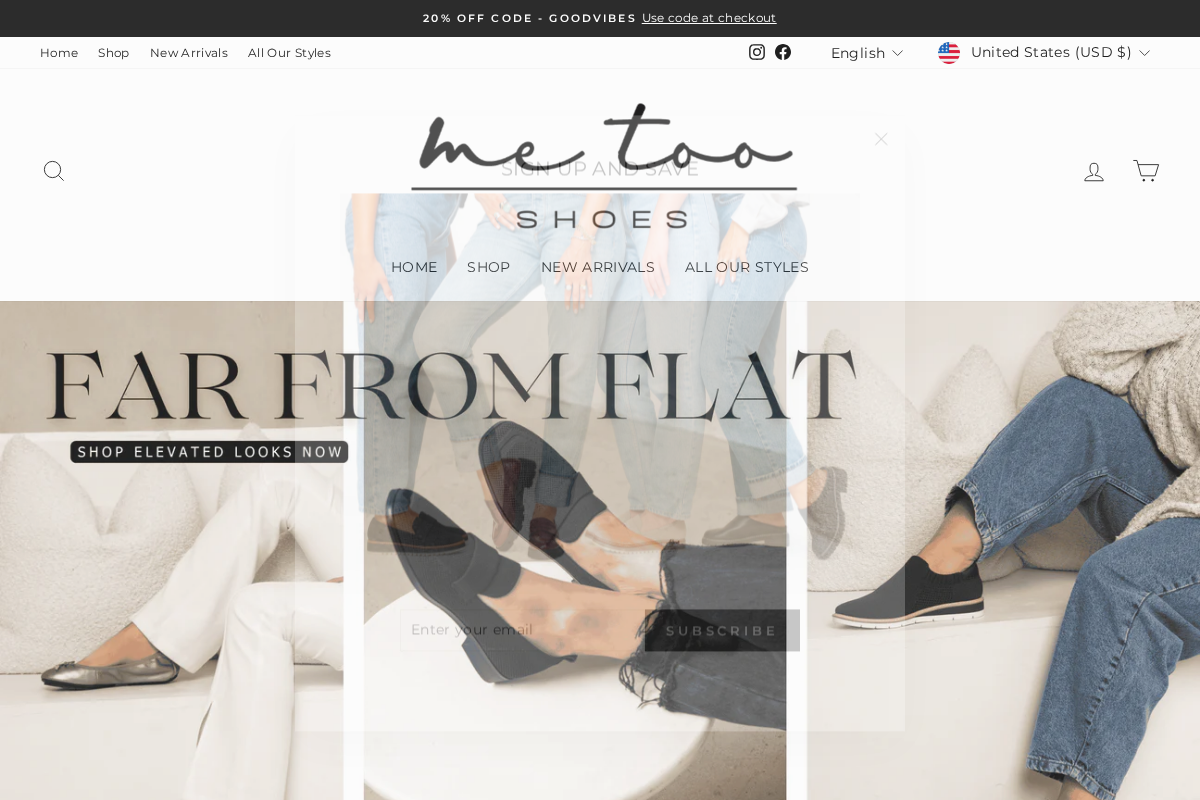 Official MeToo Shoes homepage screenshot